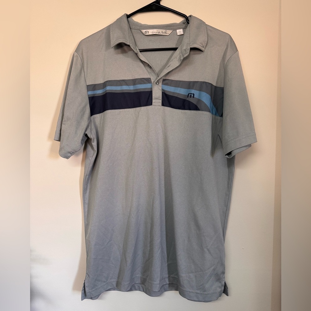 Travis Mathew Gray Polo Shirt with Blue Stripes